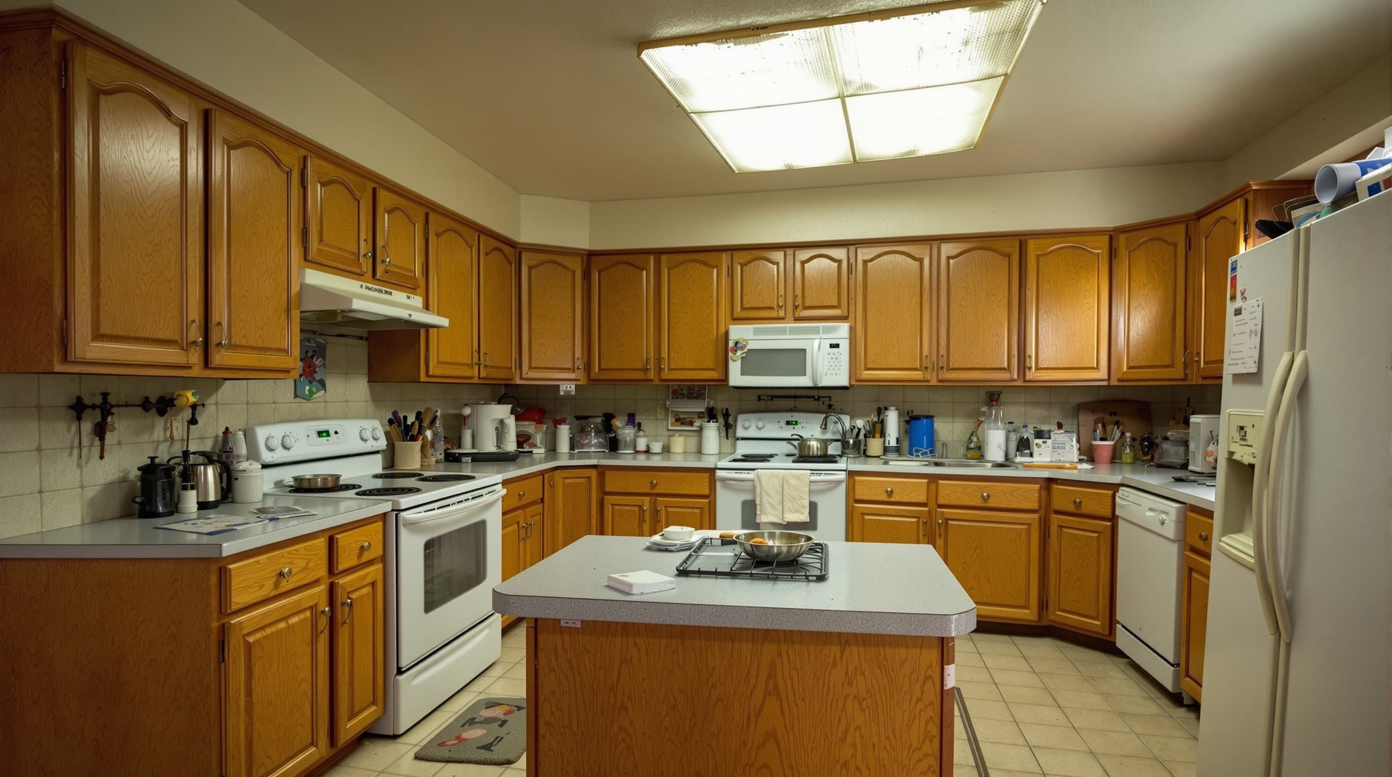 Outdated 1990s kitchen with oak cabinets
