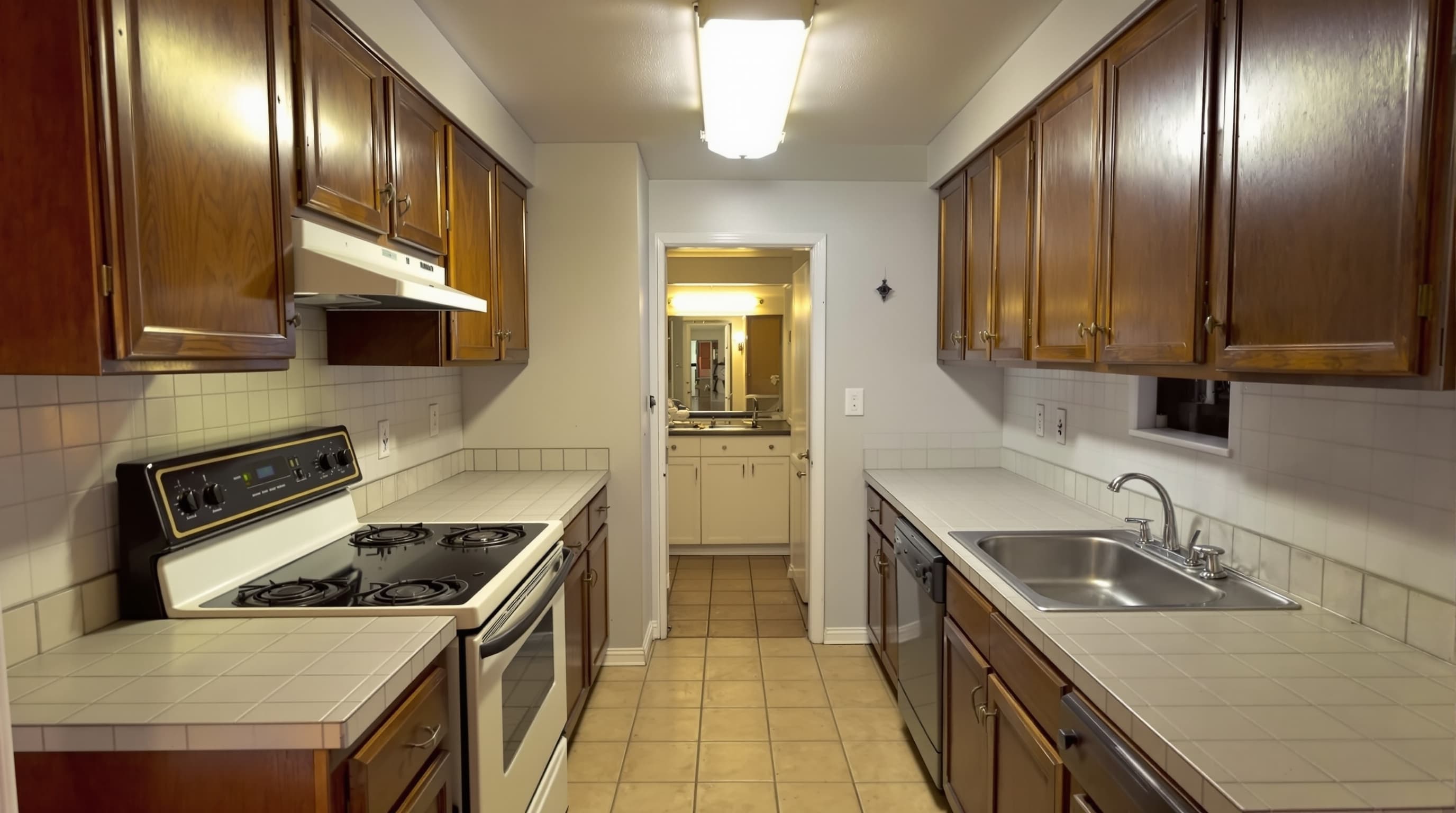 Small dark galley kitchen before renovation