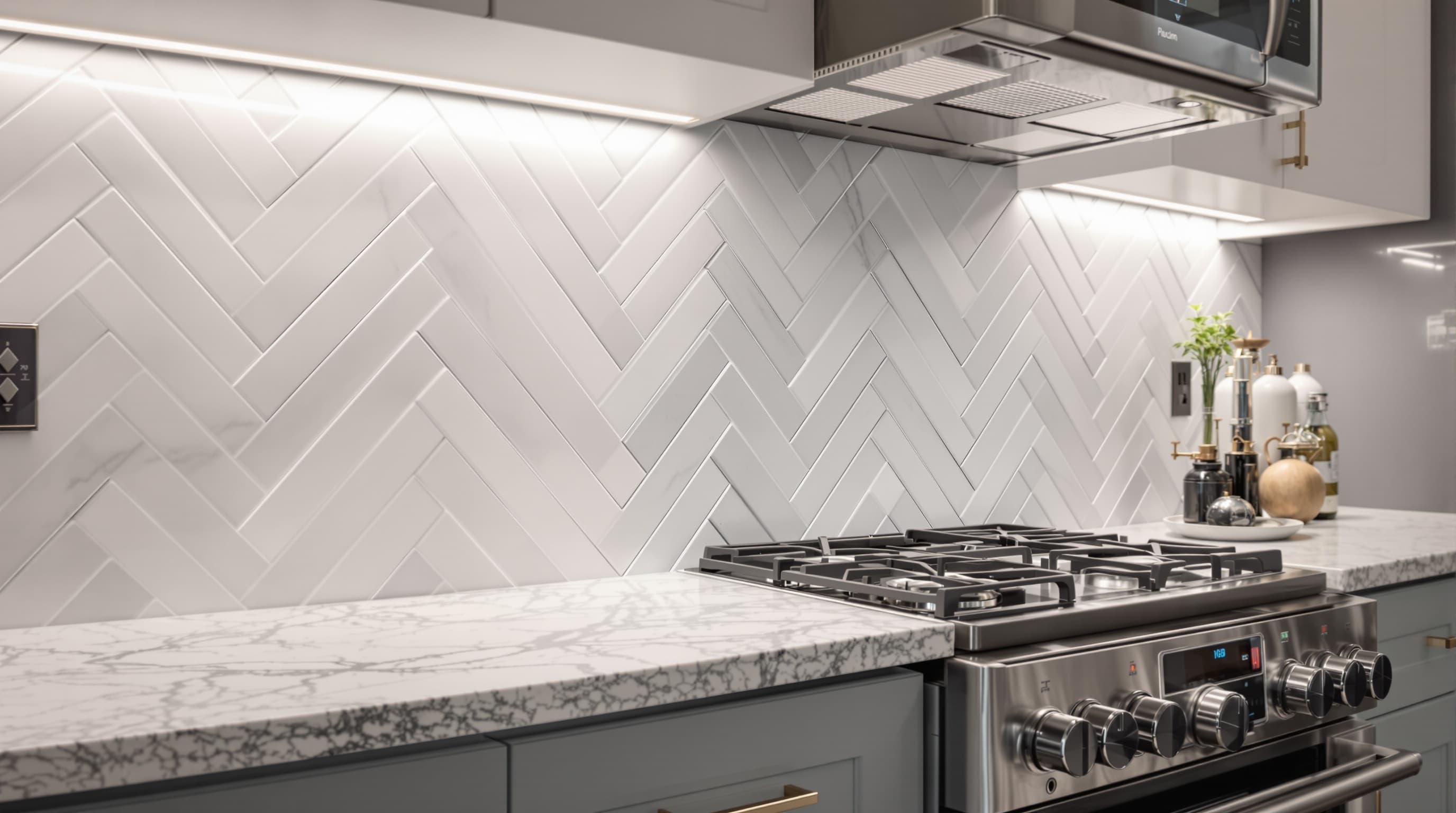 Herringbone backsplash detail