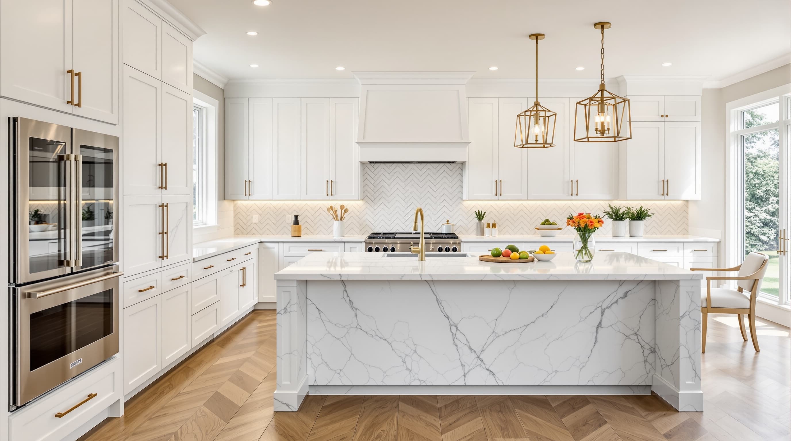 Modern white kitchen remodel with quartz island and pendant lighting on Long Island